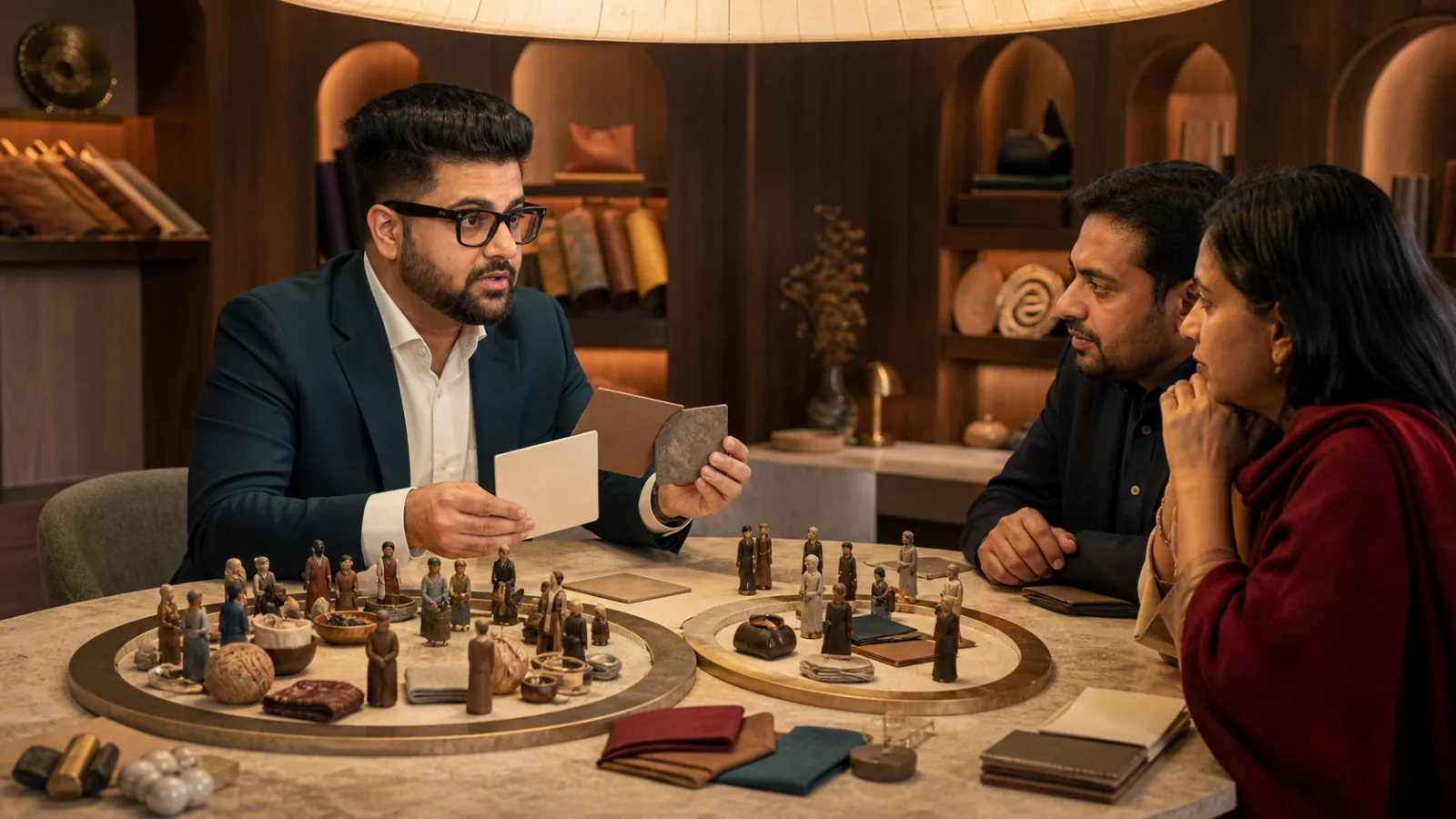 Sahil Khanna comparing unlabeled scenario cards in a innovation atelier for Affinity Marketing