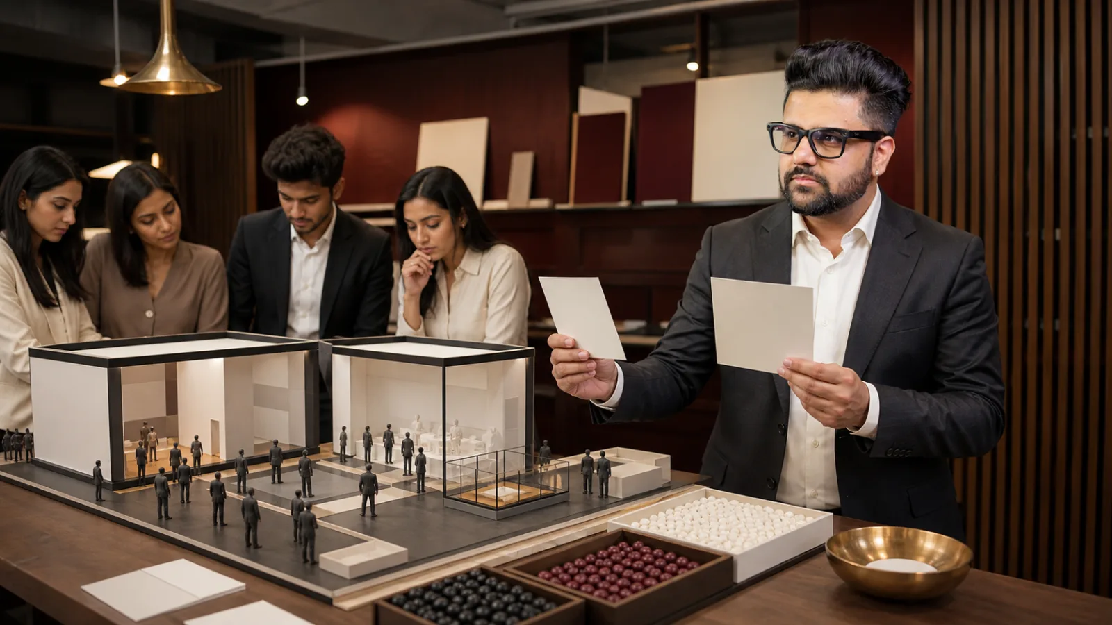 Sahil Khanna comparing unlabeled scenario cards in a innovation atelier for Trade Show Marketing