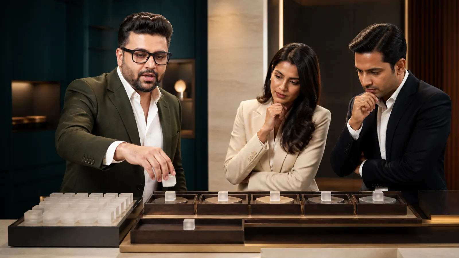 Sahil Khanna comparing unlabeled scenario cards in a leadership coaching studio for Costing Your Time