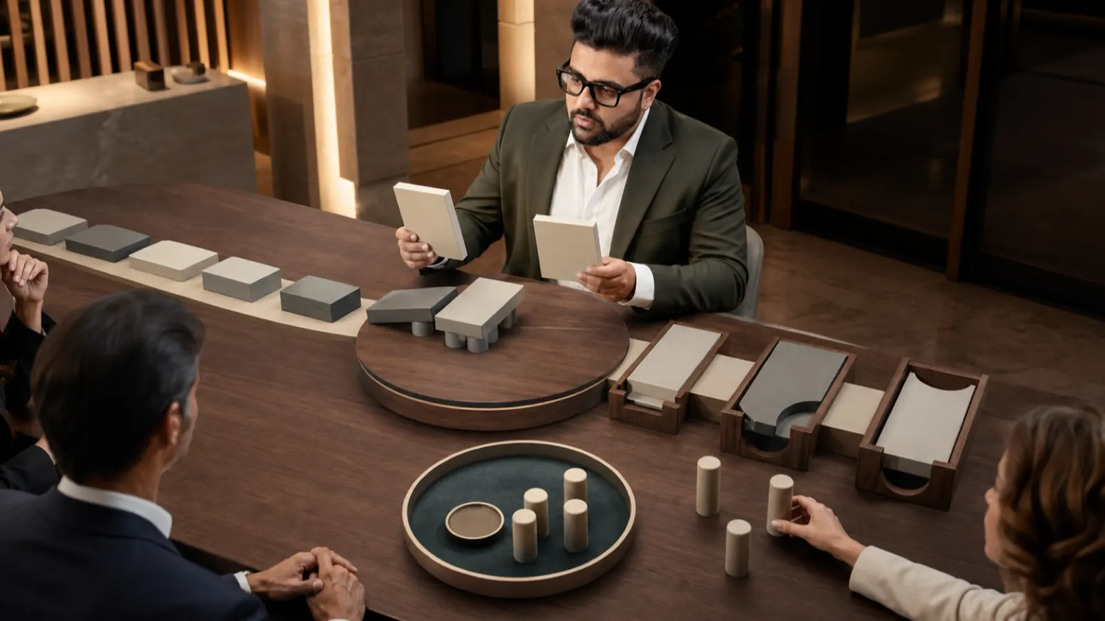 Sahil Khanna comparing unlabeled scenario cards in a leadership coaching studio for Half-Time Review