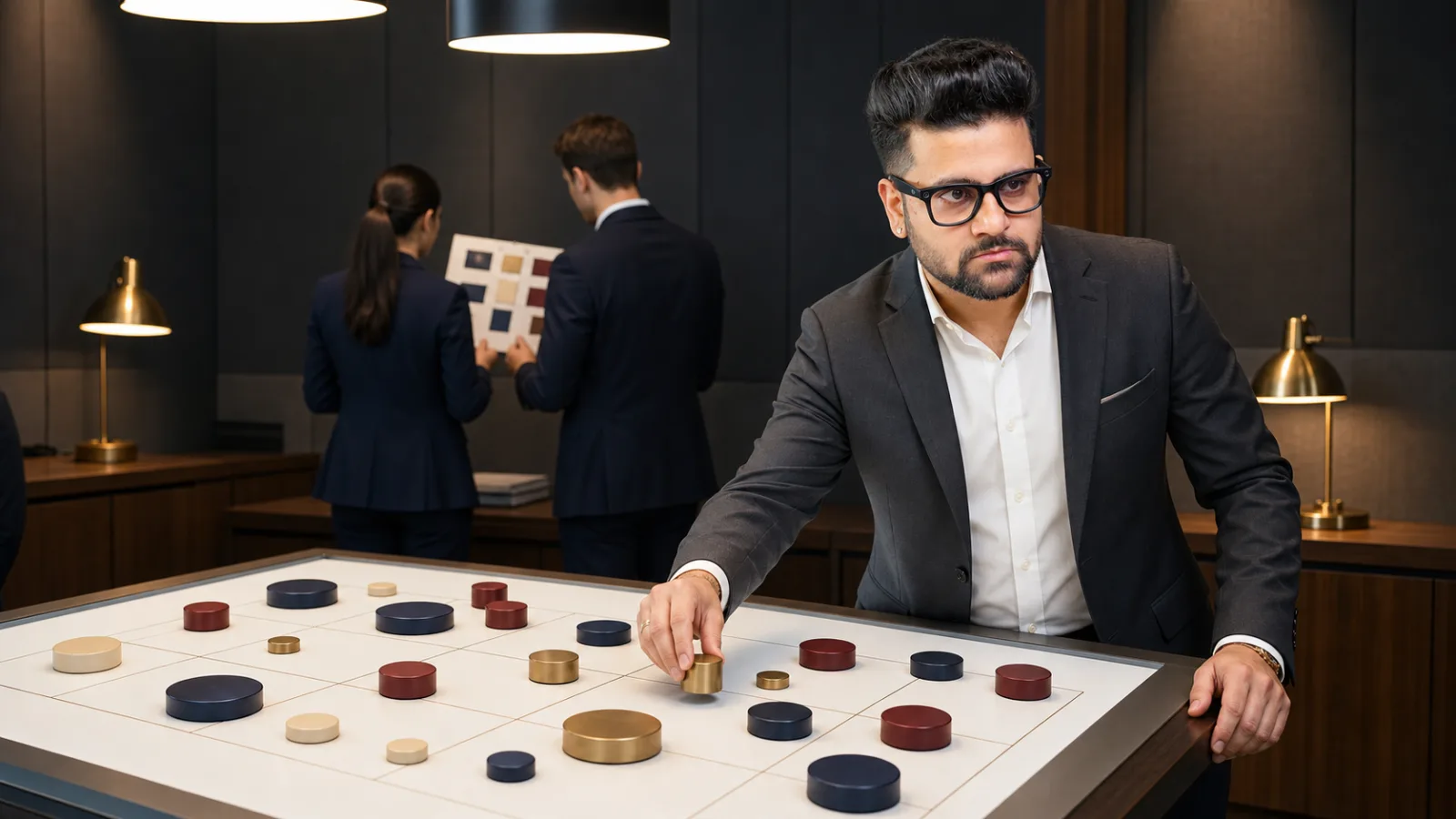 Sahil Khanna comparing unlabeled scenario cards in a operations simulation room for RFM segmentation - identifying valuable customers
