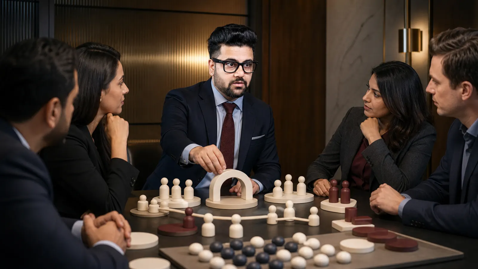 Sahil Khanna comparing unlabeled scenario cards in a operations simulation room for Word-of-mouth Marketing