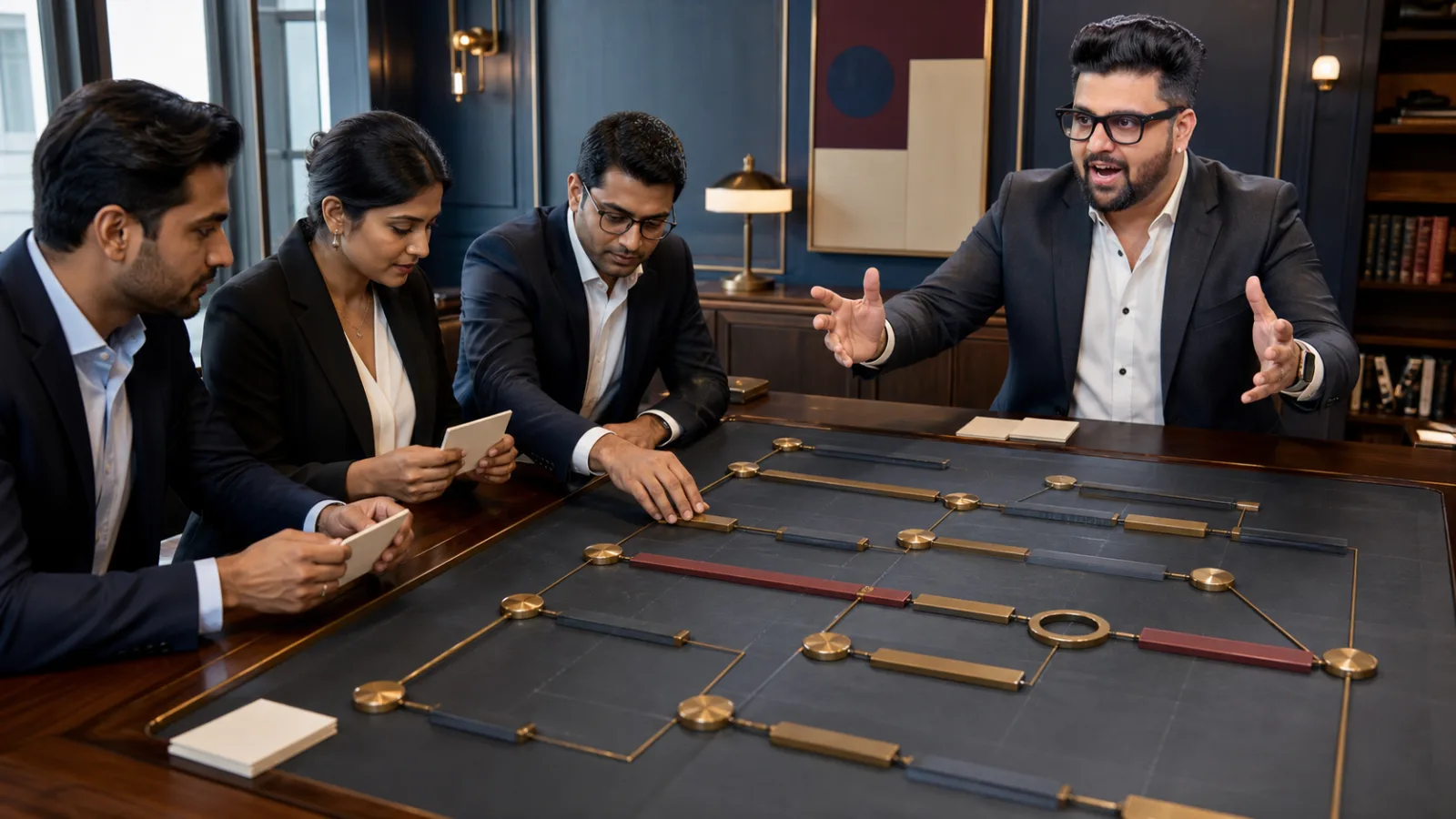 Sahil Khanna comparing unlabeled scenario cards in a project war room for Critical Path Analysis and PERT Charts