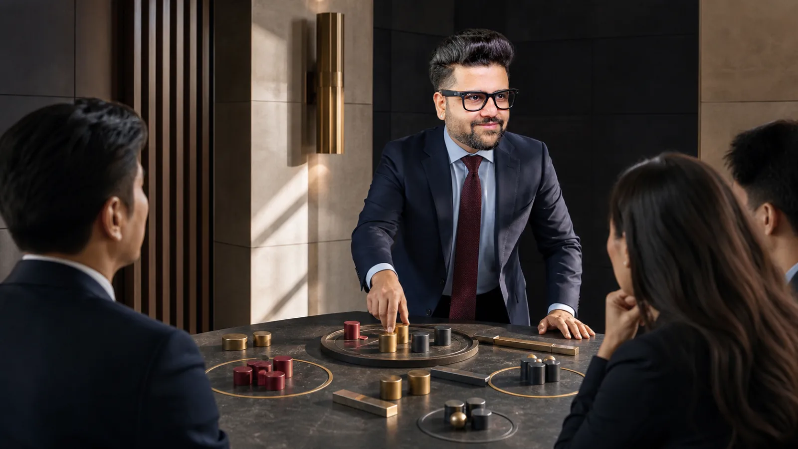 Sahil Khanna comparing unlabeled scenario cards in a project war room for Developing a Career Strategy