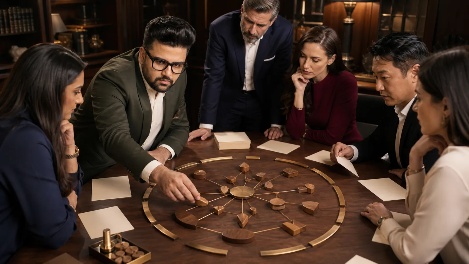 Sahil Khanna comparing unlabeled scenario cards in a strategy archive for Communal Marketing