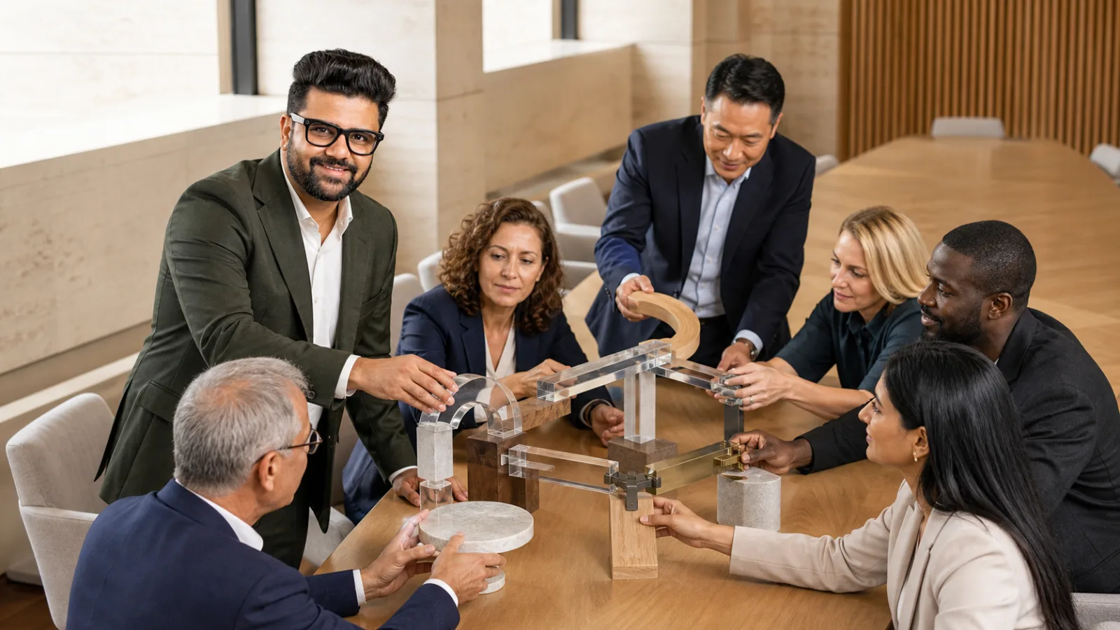 Sahil Khanna comparing unlabeled scenario cards in a university boardroom for 8 ways to strengthen your team
