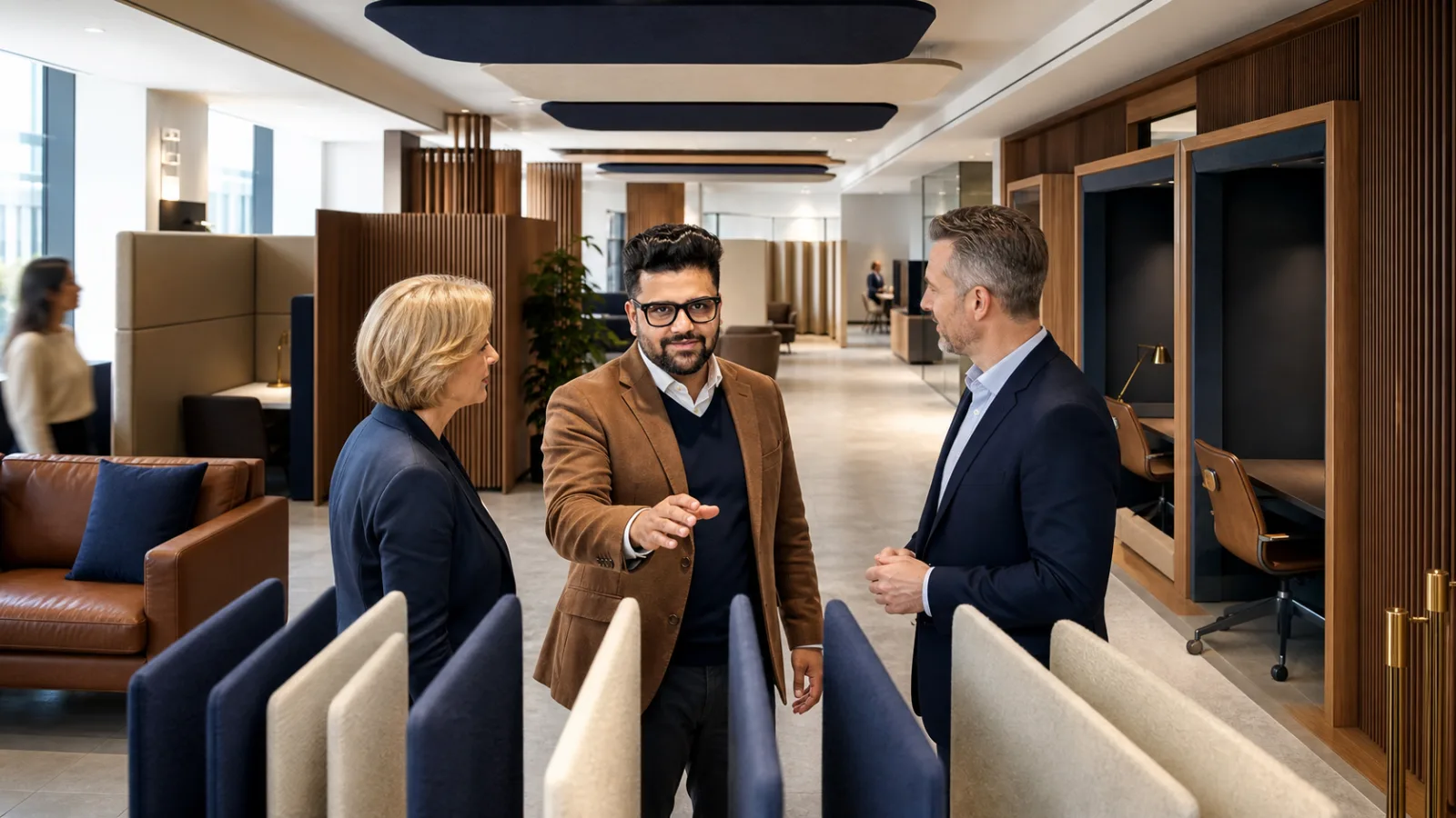 Sahil Khanna comparing unlabeled scenario cards in a university boardroom for How to Focus in an Open-Plan Office