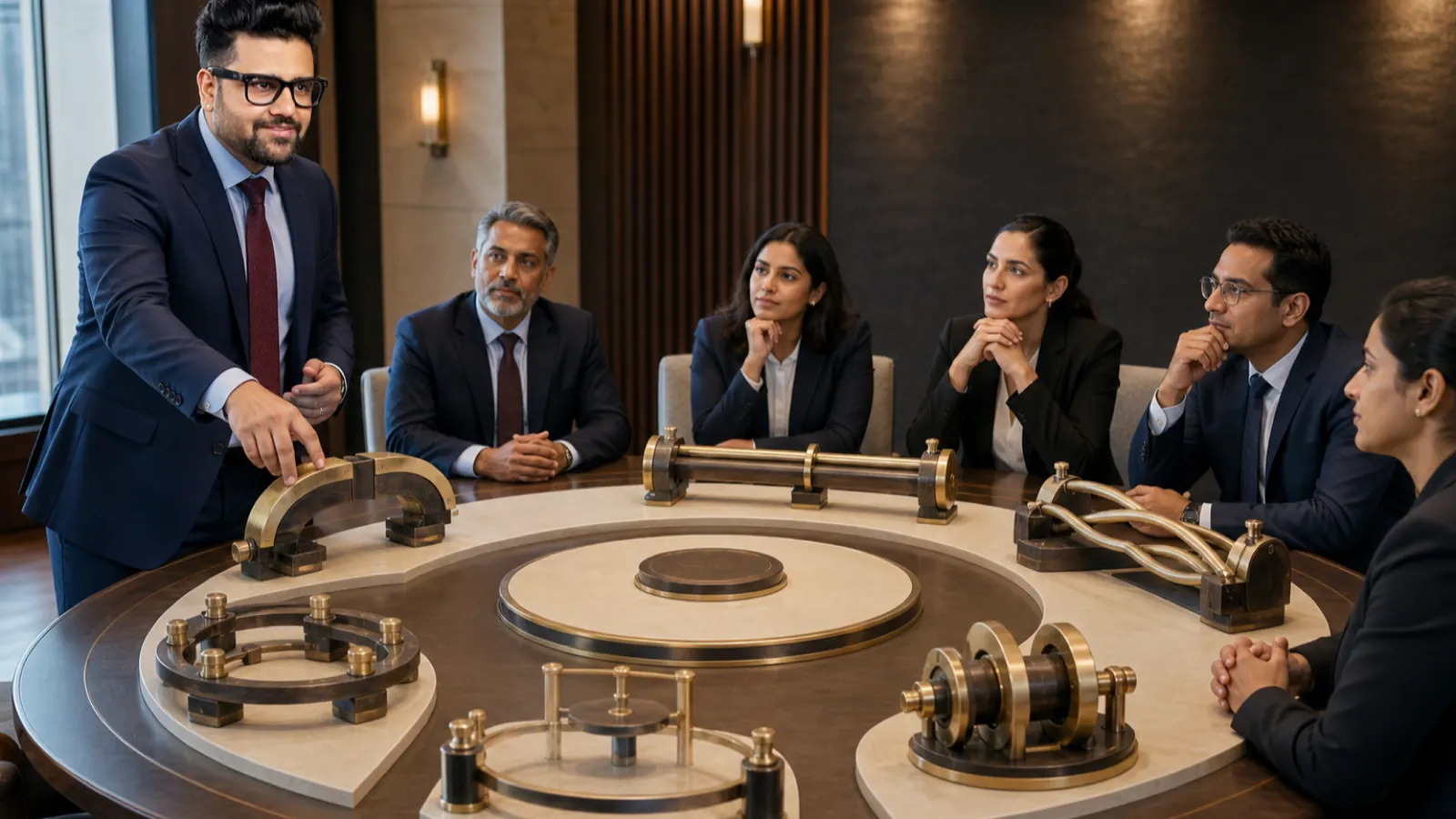 Sahil Khanna comparing unlabeled scenario cards in a university boardroom for Six emotional leadership styles