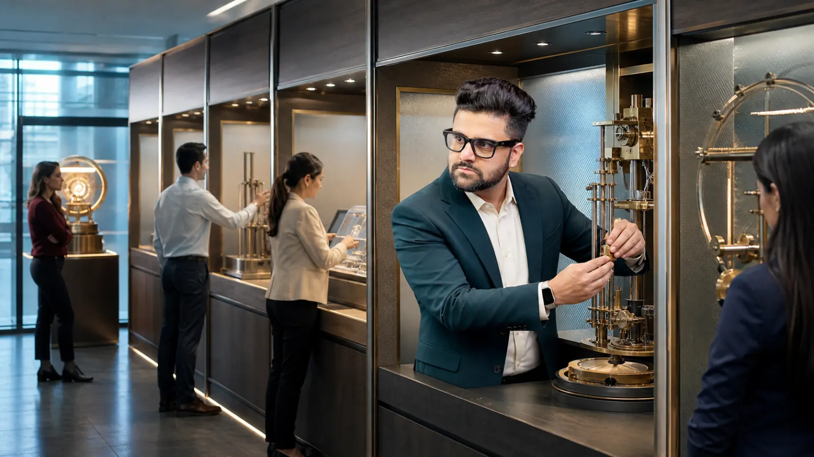 Sahil Khanna examining an abstract performance dashboard in a behavioral research lab for The ADKAR Change Management Model