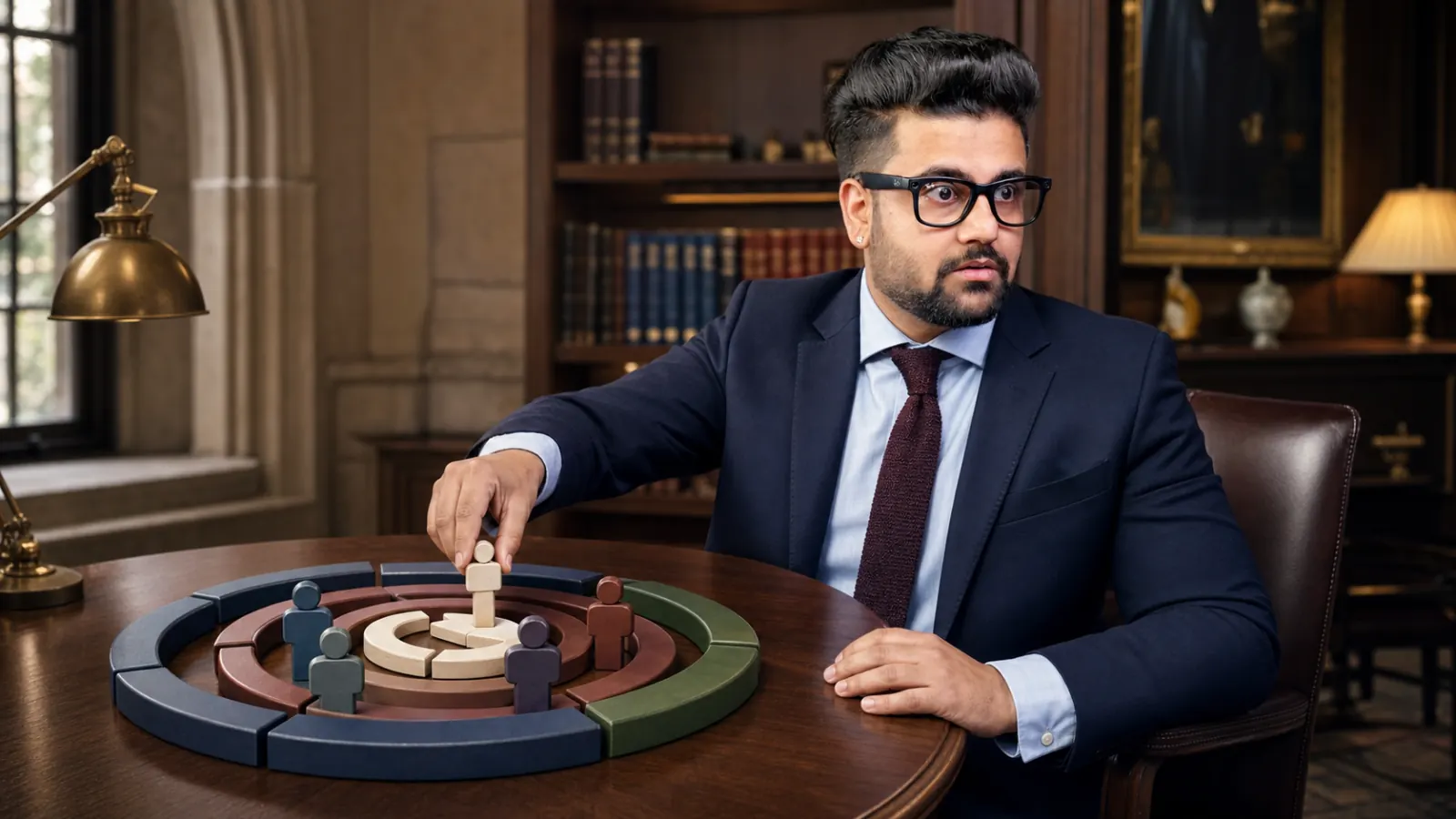 Sahil Khanna examining an abstract performance dashboard in a campus library alcove for B2P Marketing