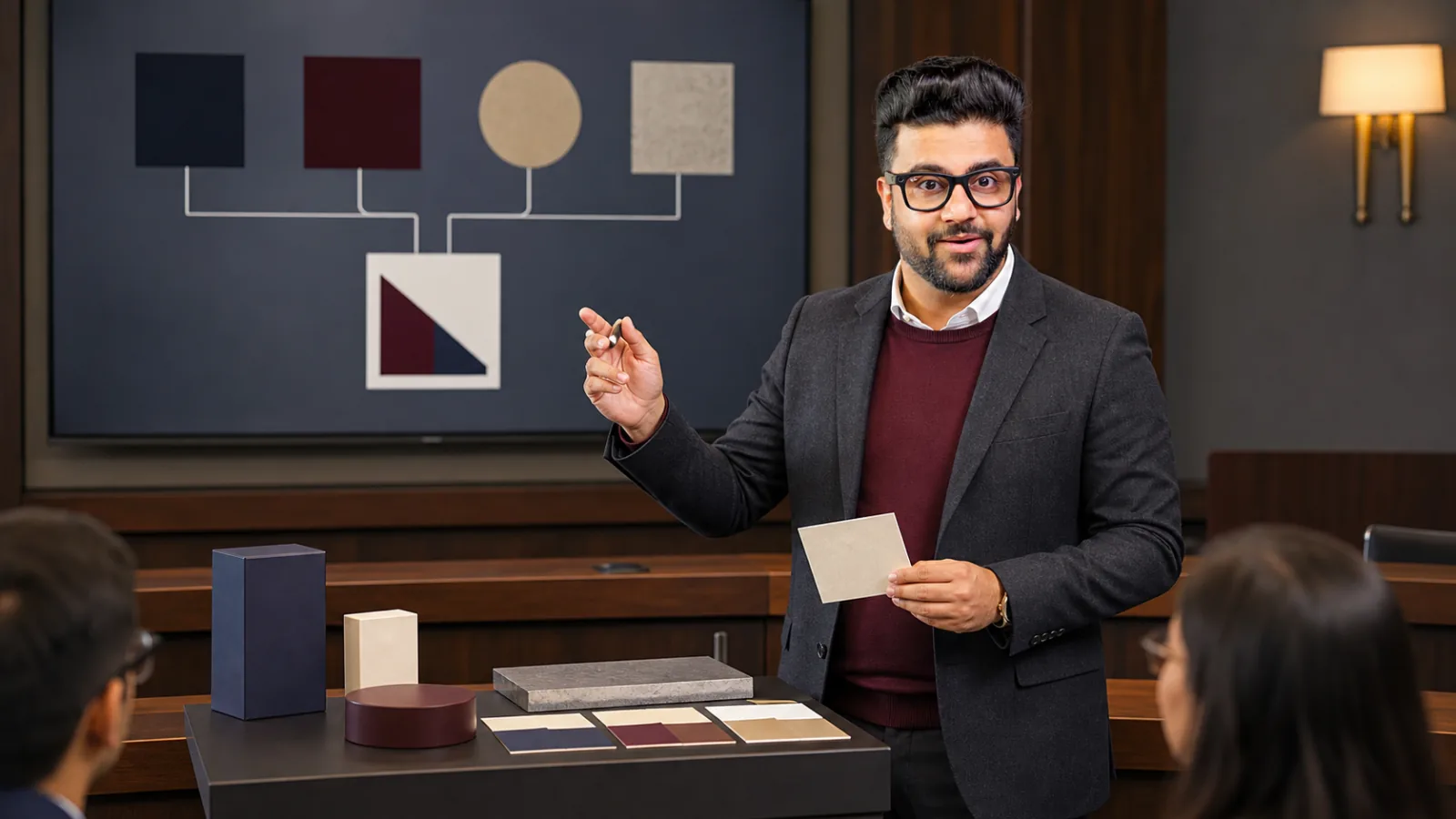 Sahil Khanna examining an abstract performance dashboard in a case-method seminar room for What is branding and why its important