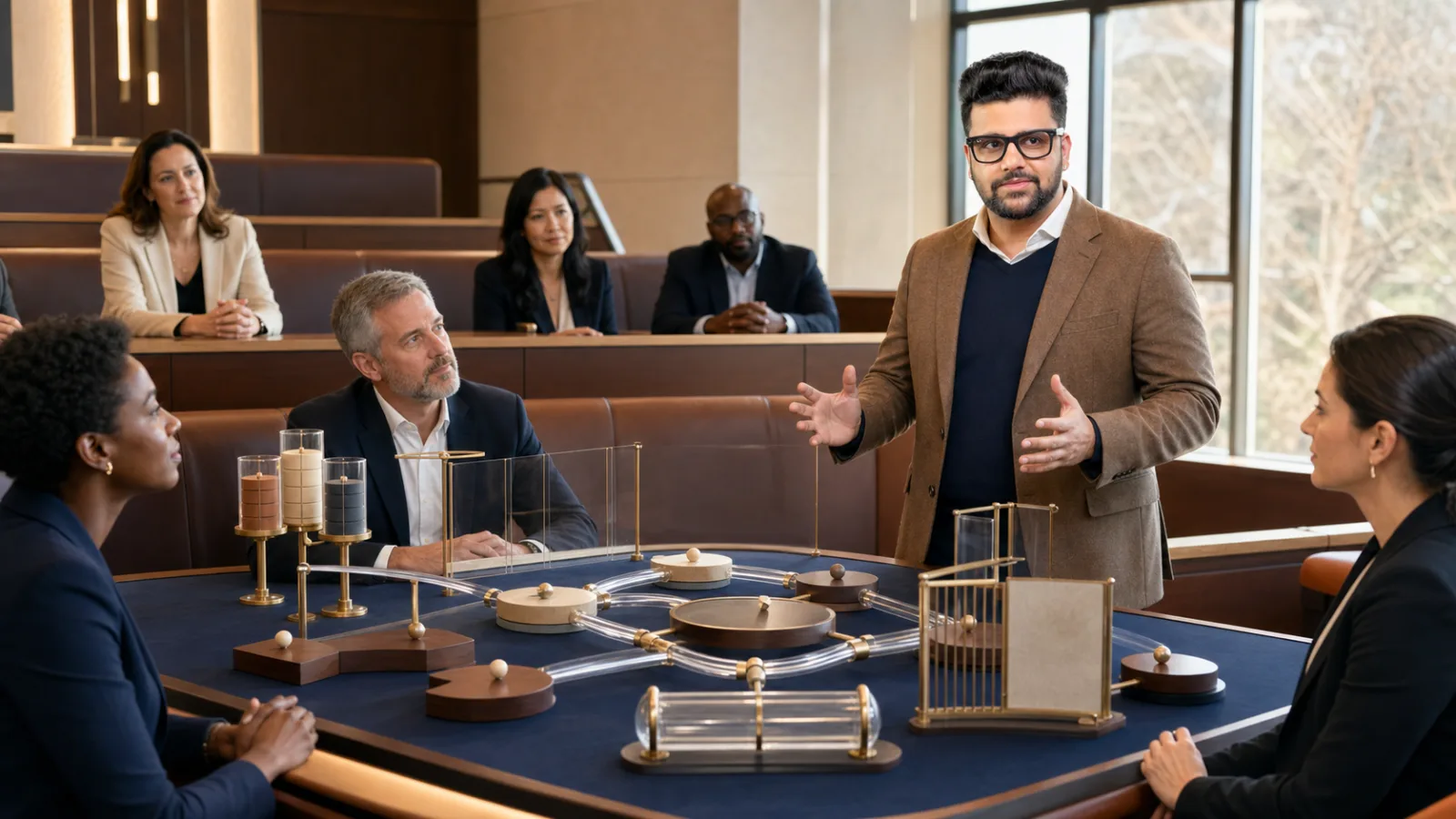 Sahil Khanna examining an abstract performance dashboard in a case-method seminar room for Working in a Highly Political Organization