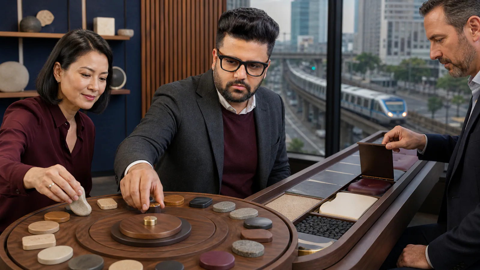 Sahil Khanna examining an abstract performance dashboard in a customer insight studio for 17 Ways to Enjoy Your Commute!