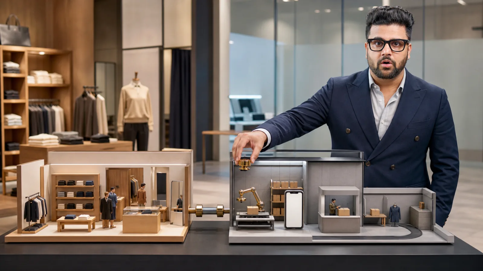 Sahil Khanna examining an abstract performance dashboard in a customer insight studio for Physical retail to digital retail
