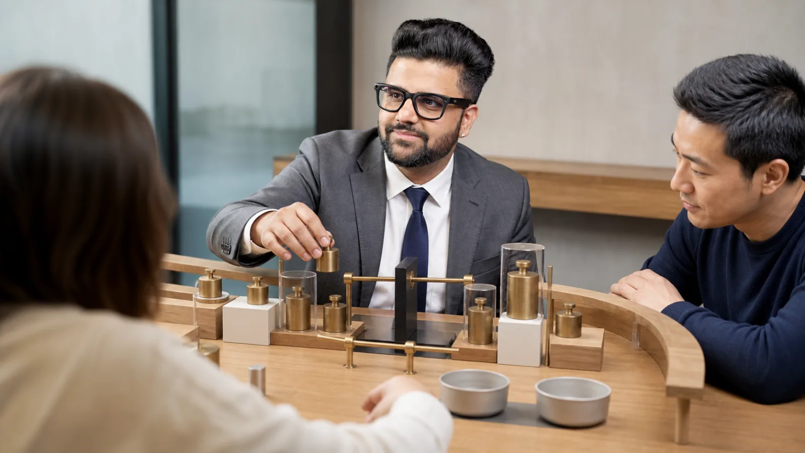 Sahil Khanna examining an abstract performance dashboard in a customer insight studio for Quantitative Pros and Cons