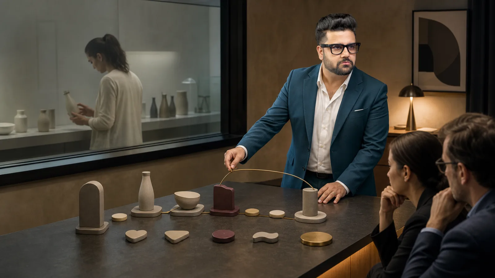 Sahil Khanna examining an abstract performance dashboard in a executive decision lab for Consumer insights
