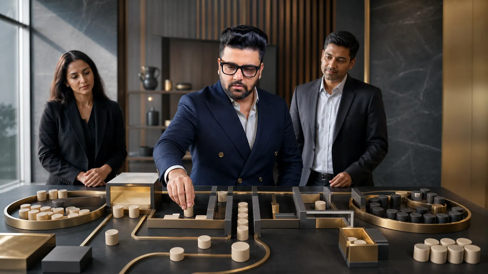 Sahil Khanna examining an abstract performance dashboard in a innovation atelier for How Productive Are You?