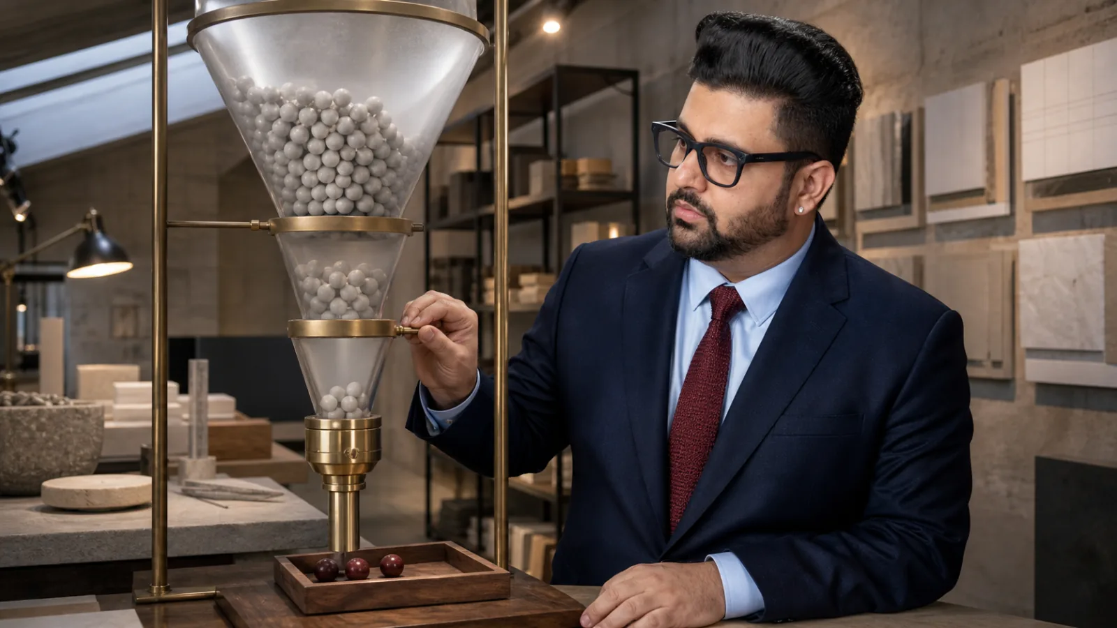 Sahil Khanna examining an abstract performance dashboard in a innovation atelier for The sales funnel