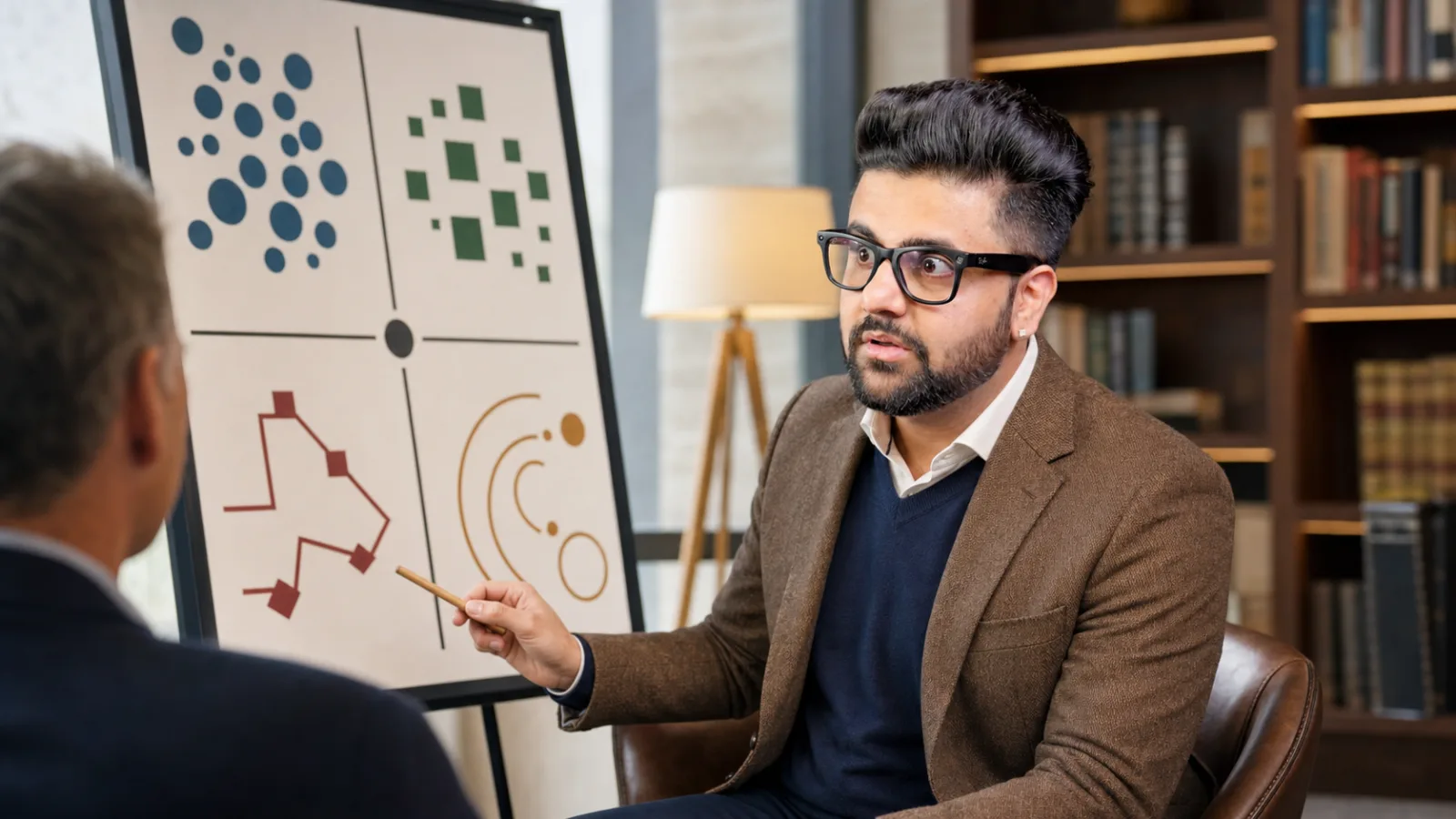 Sahil Khanna examining an abstract performance dashboard in a leadership coaching studio for Jung Personality Types
