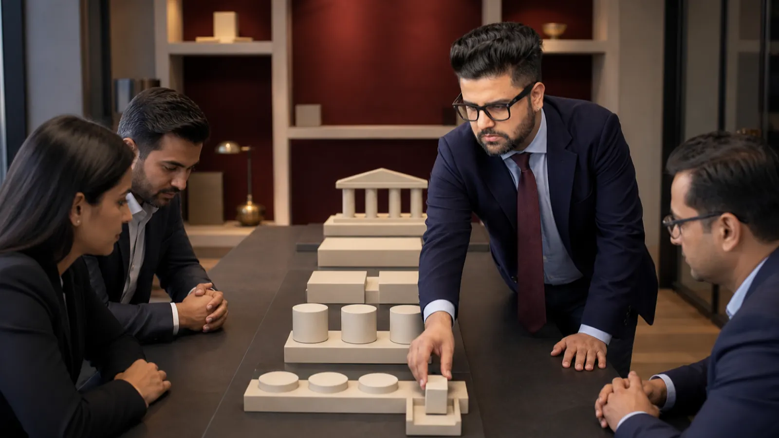 Sahil Khanna examining an abstract performance dashboard in a leadership coaching studio for Leap Forward With Backward Goal-Setting!