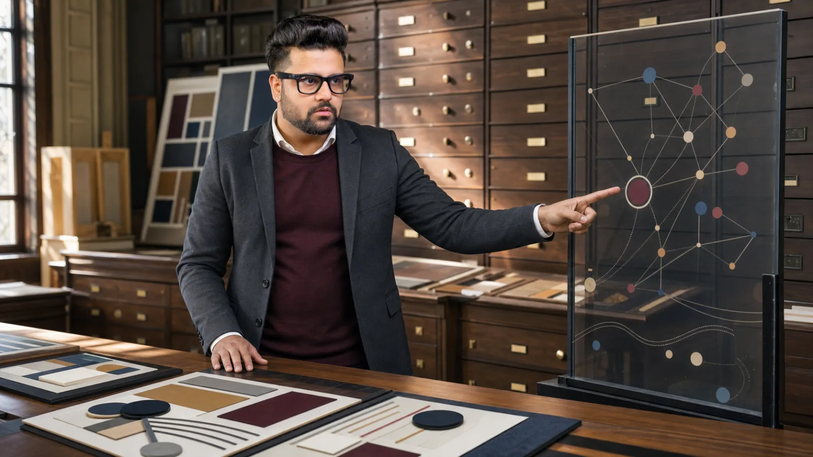 Sahil Khanna examining an abstract performance dashboard in a strategy archive for How to develop a unique and memorable identity