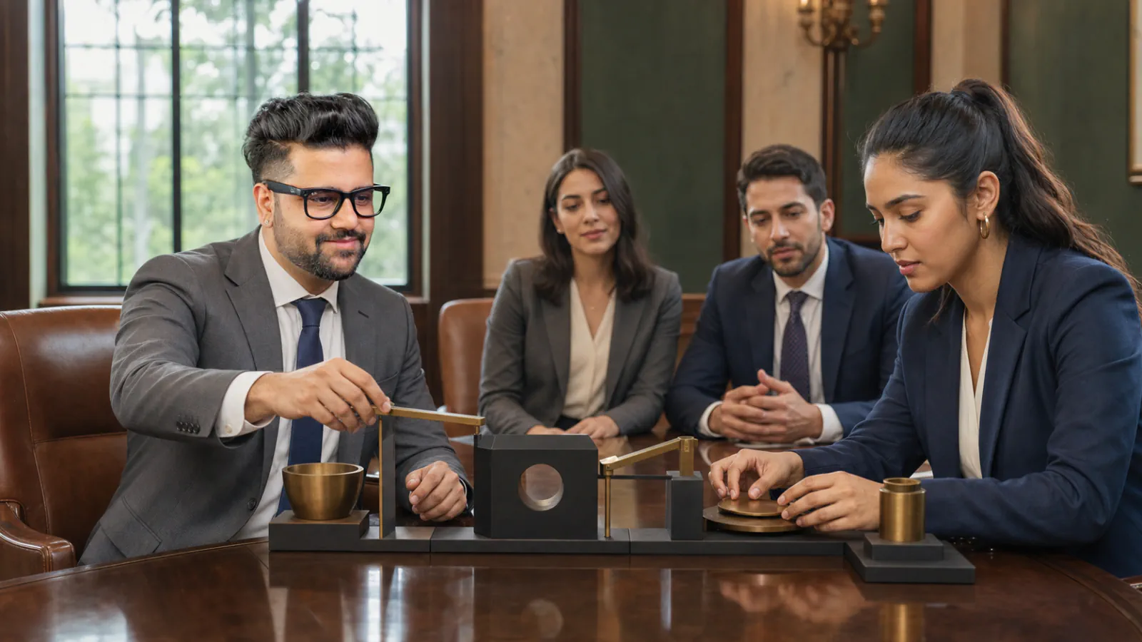 Sahil Khanna examining an abstract performance dashboard in a university boardroom for Mentoring Skills