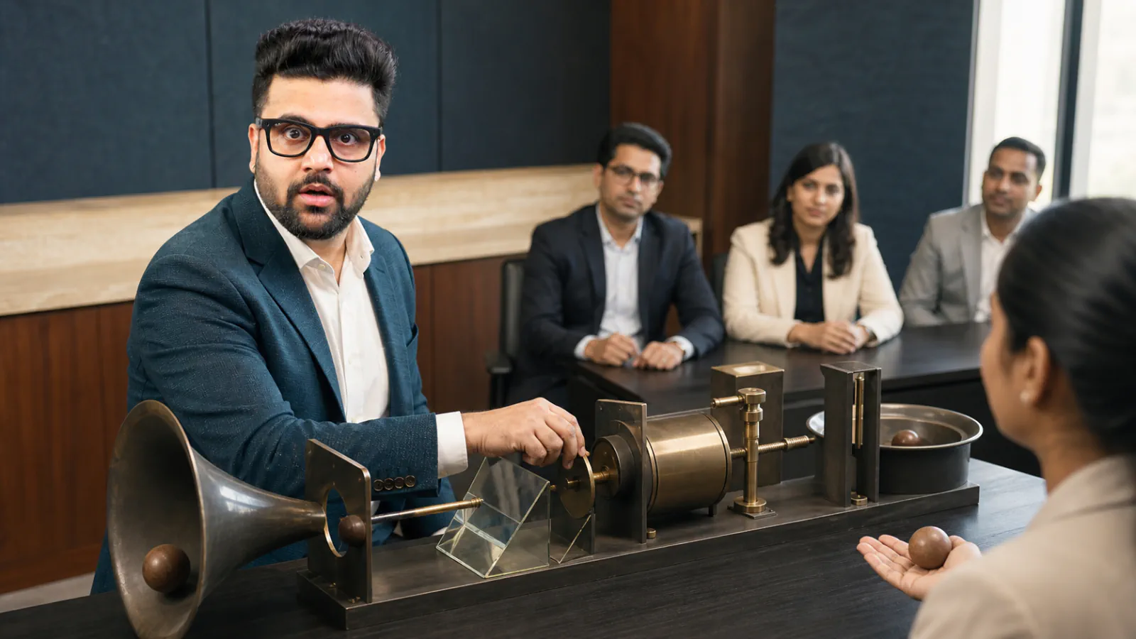 Sahil Khanna examining an abstract performance dashboard in a university boardroom for Six ways to build communication skills