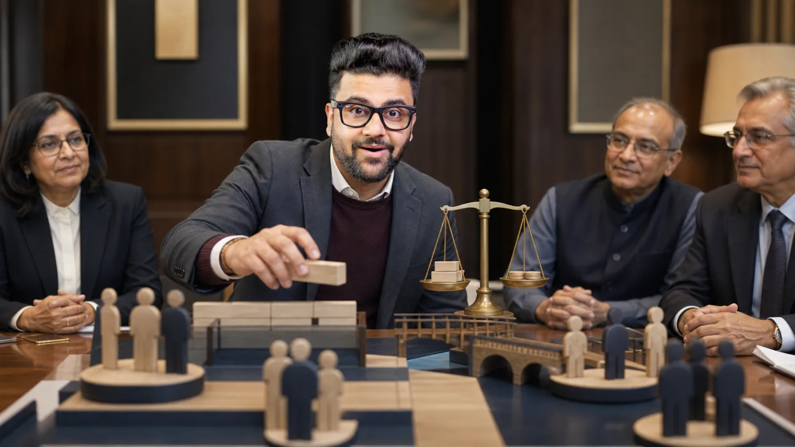 Sahil Khanna examining an abstract performance dashboard in a university boardroom for Social Marketing
