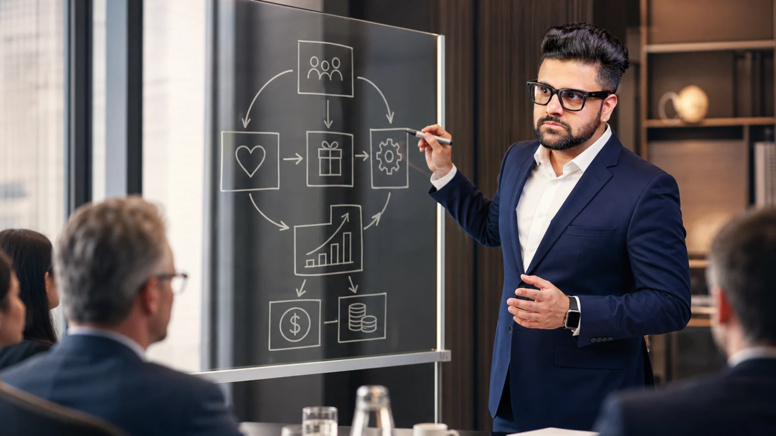 Sahil Khanna explaining a connected business model system in an executive classroom