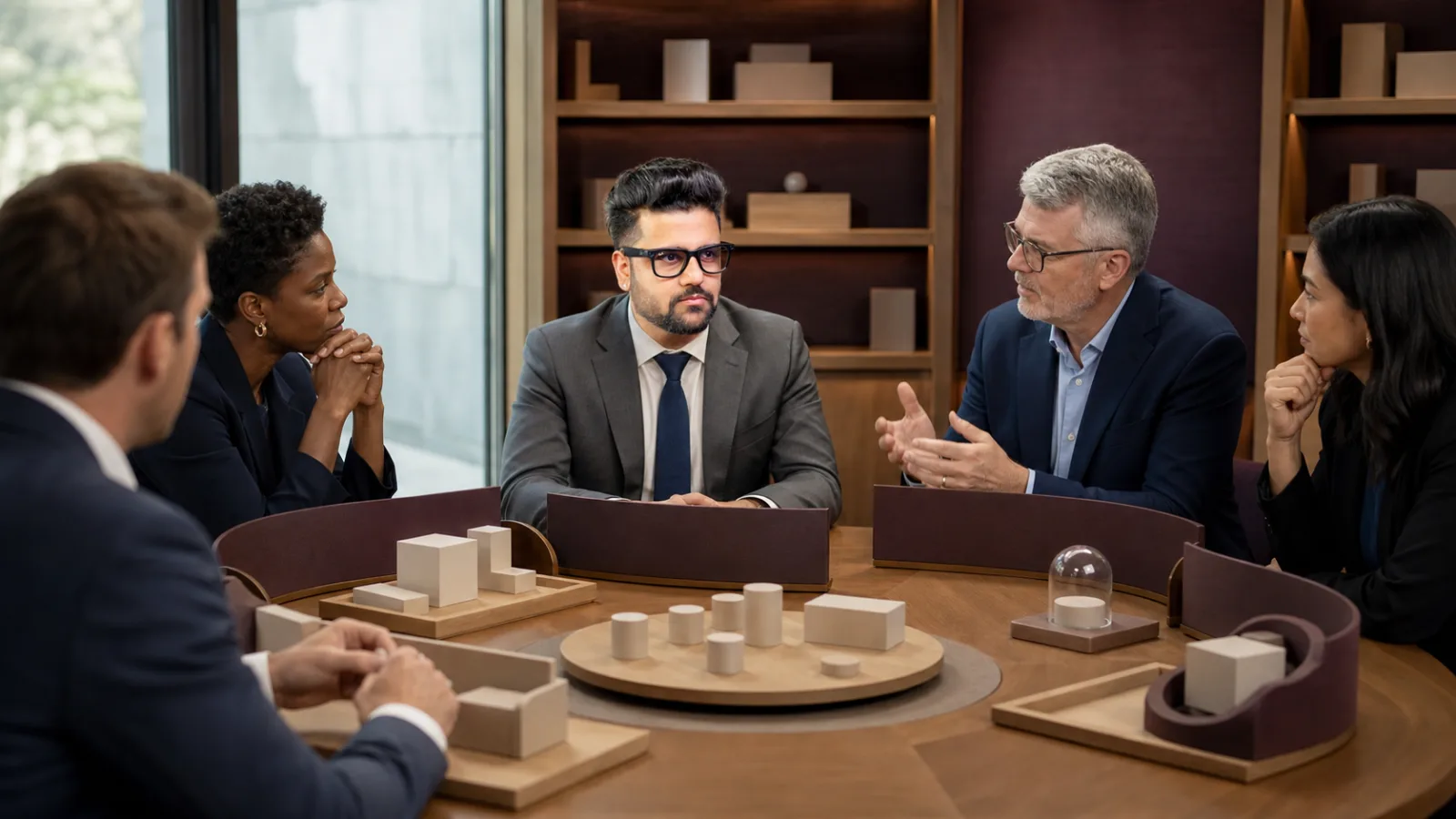 Sahil Khanna facilitating a case discussion in a campus library alcove for Avoiding Groupthink