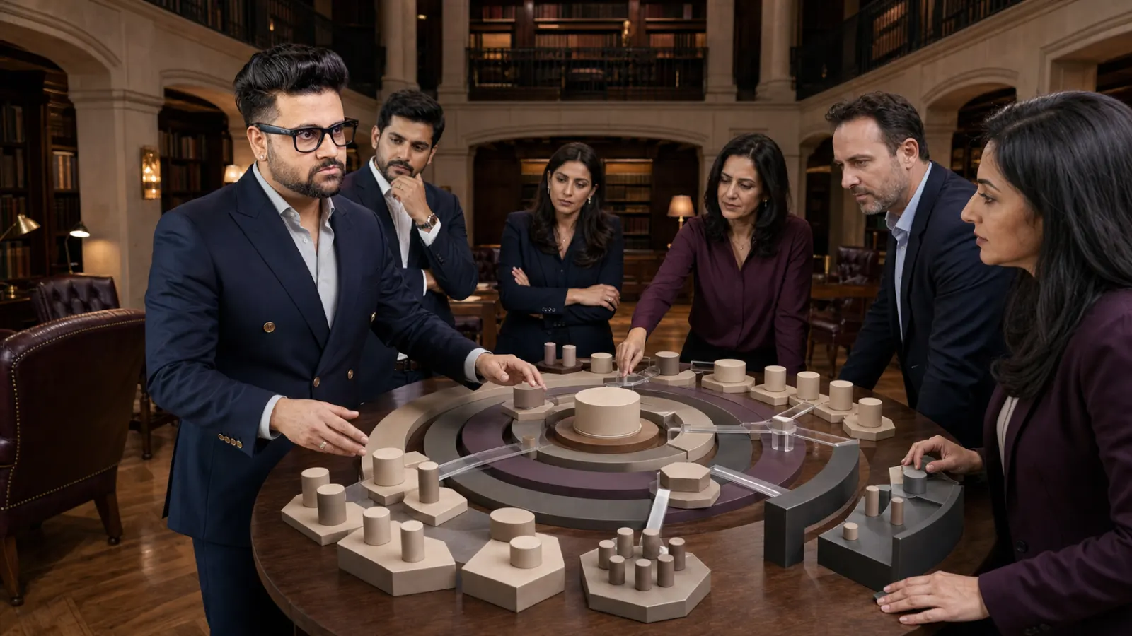 Sahil Khanna facilitating a case discussion in a campus library alcove for Megamarketing
