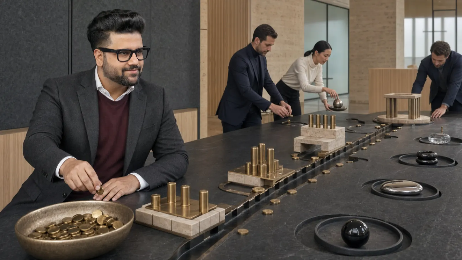 Sahil Khanna mapping choices with brass markers in a behavioral research lab for How to Develop Long-Term Focus