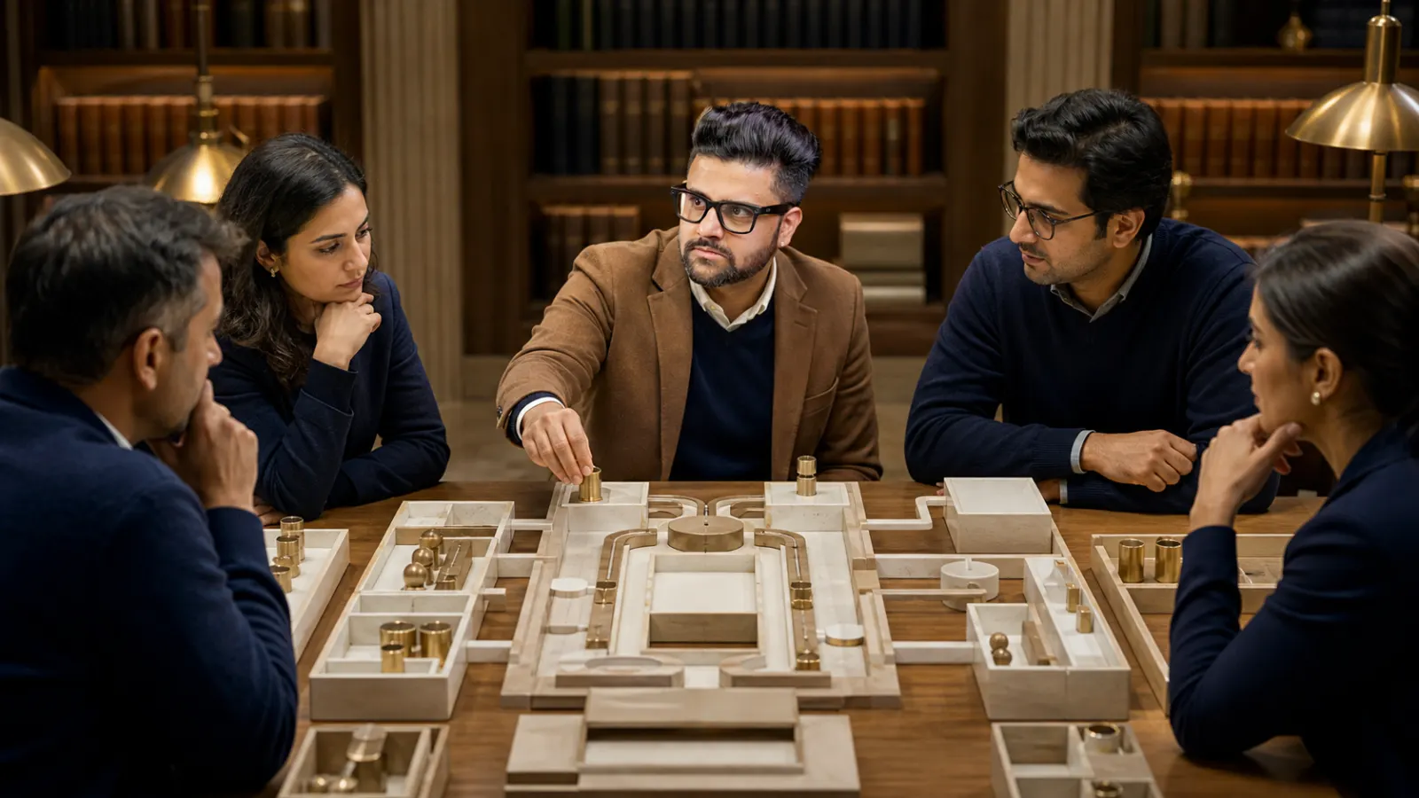 Sahil Khanna mapping choices with brass markers in a campus library alcove for Business Experiments