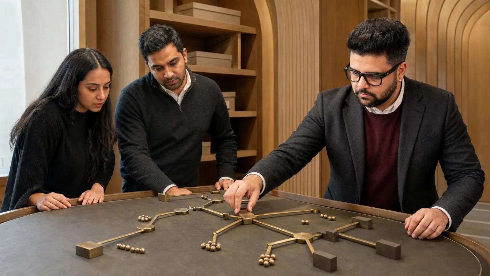 Sahil Khanna mapping choices with brass markers in a campus library alcove for Decision Trees