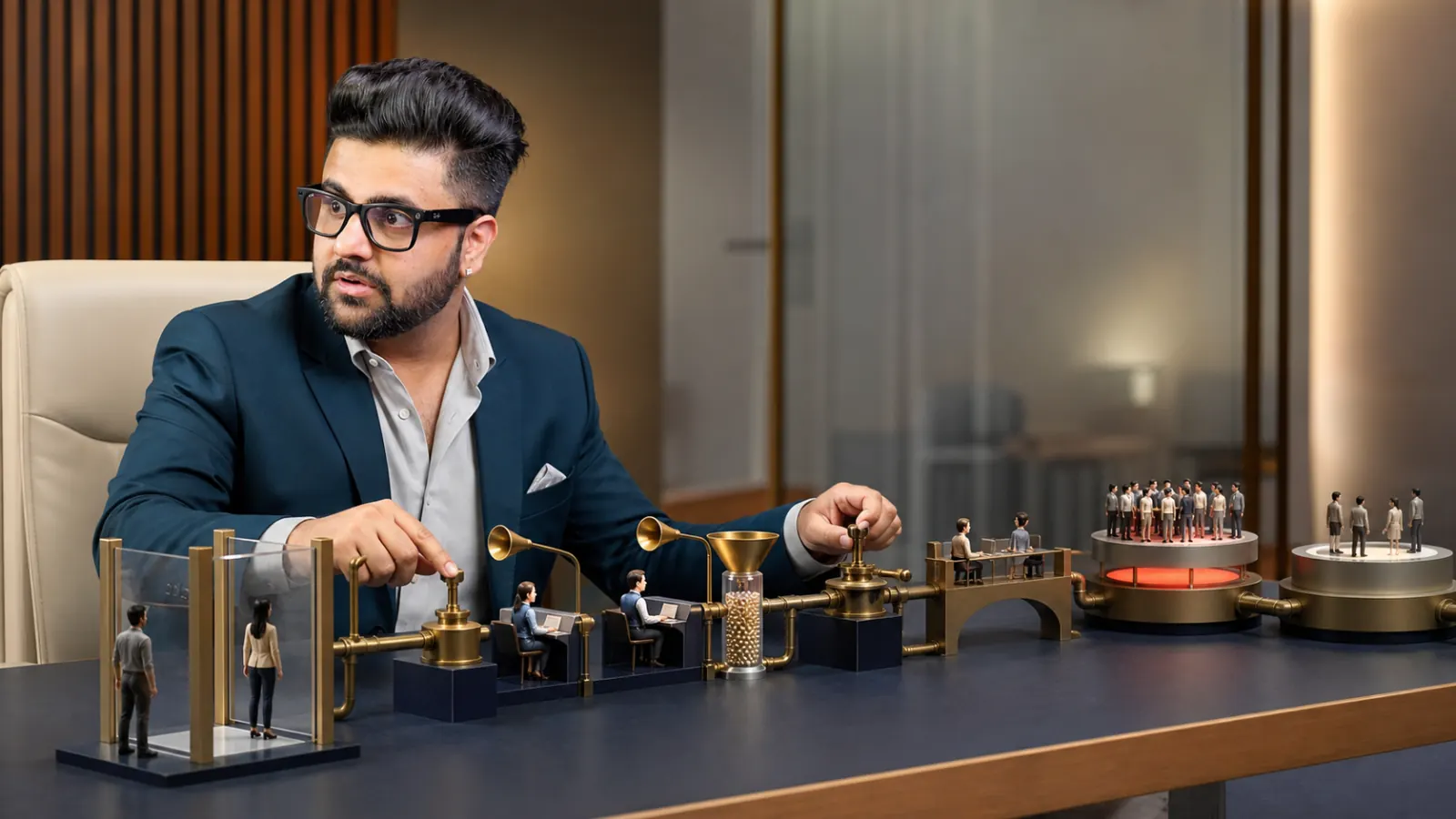Sahil Khanna mapping choices with brass markers in a case-method seminar room for Call Center Marketing