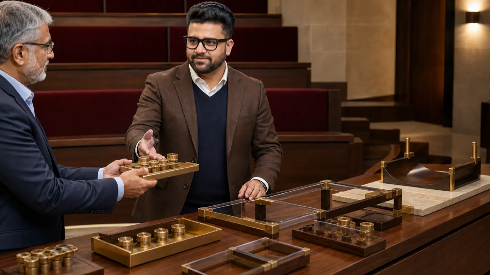 Sahil Khanna mapping choices with brass markers in a case-method seminar room for How to Accept Delegation