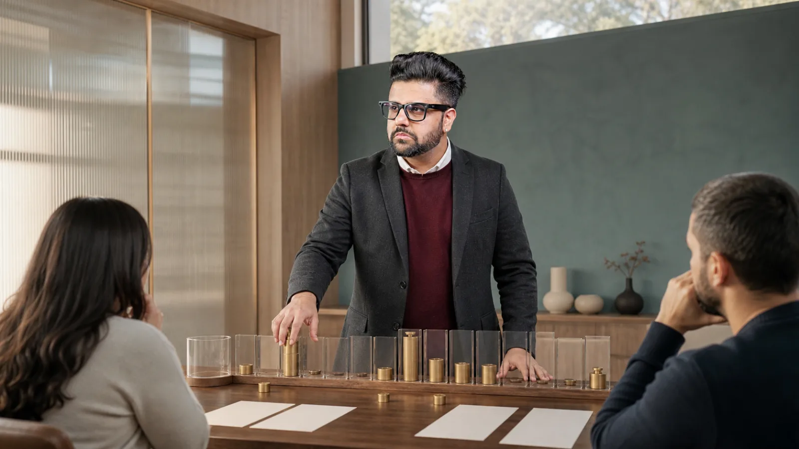 Sahil Khanna mapping choices with brass markers in a customer insight studio for Is This a "Morning" Task?