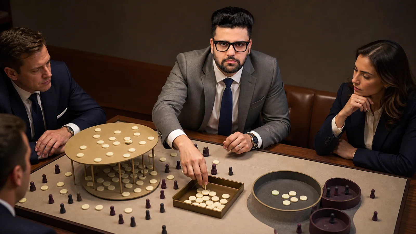 Sahil Khanna mapping choices with brass markers in a customer insight studio for Shotgun Marketing
