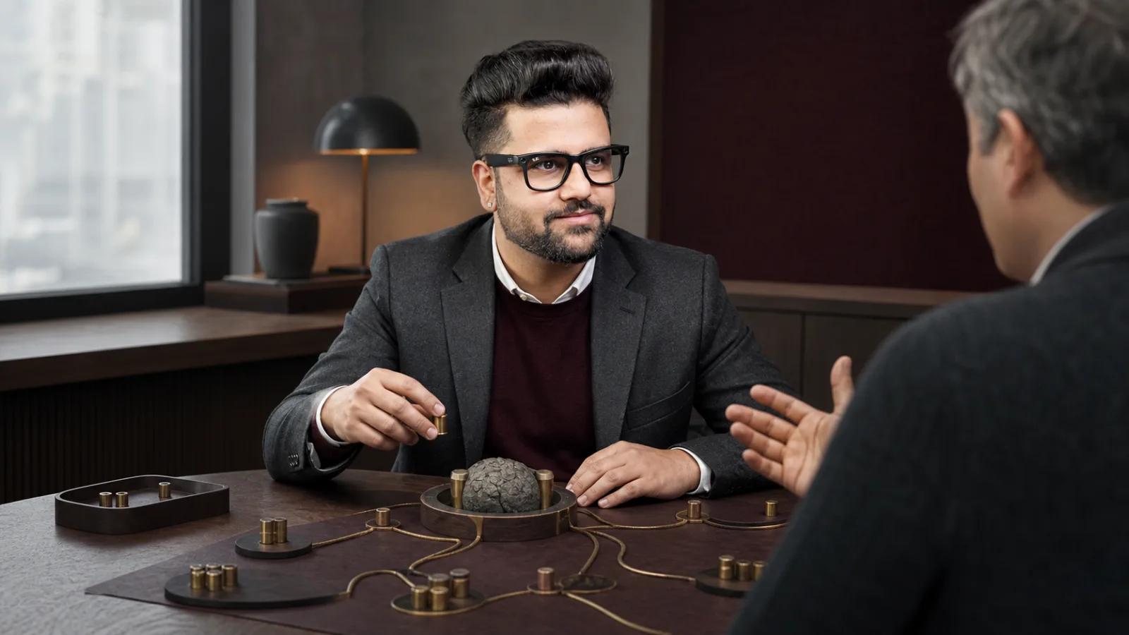 Sahil Khanna mapping choices with brass markers in a executive decision lab for Managing Post-Traumatic Growth