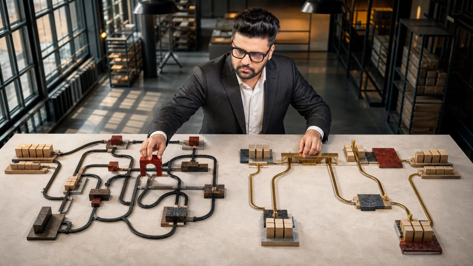 Sahil Khanna mapping choices with brass markers in a innovation atelier for Logistics efficiency