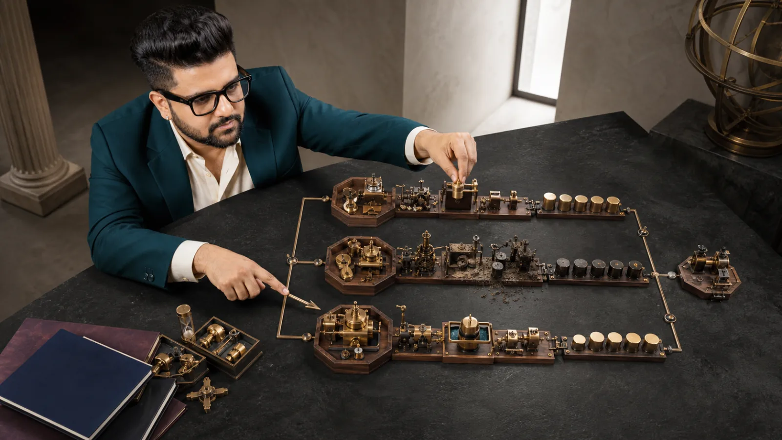 Sahil Khanna mapping choices with brass markers in a innovation atelier for Passive income frameworks
