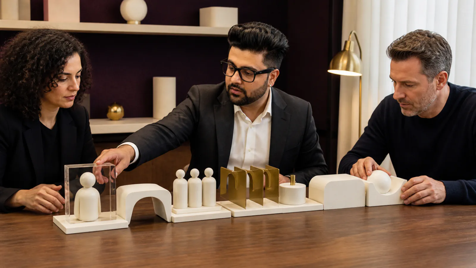 Sahil Khanna mapping choices with brass markers in a leadership coaching studio for How to Write a Design Brief