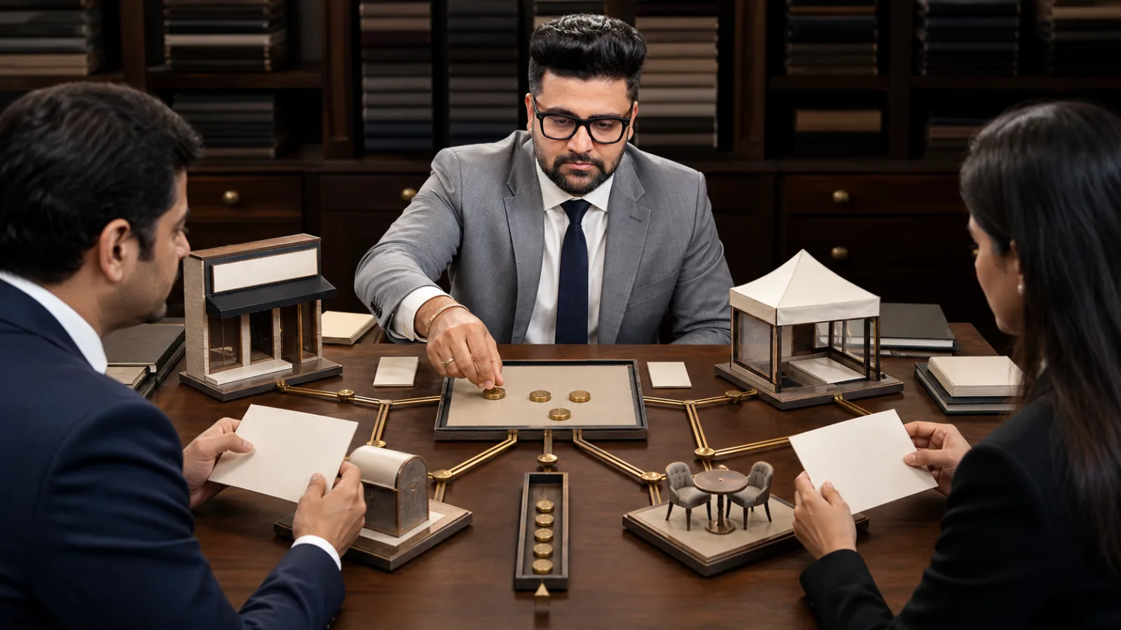 Sahil Khanna mapping choices with brass markers in a leadership coaching studio for Offline Marketing