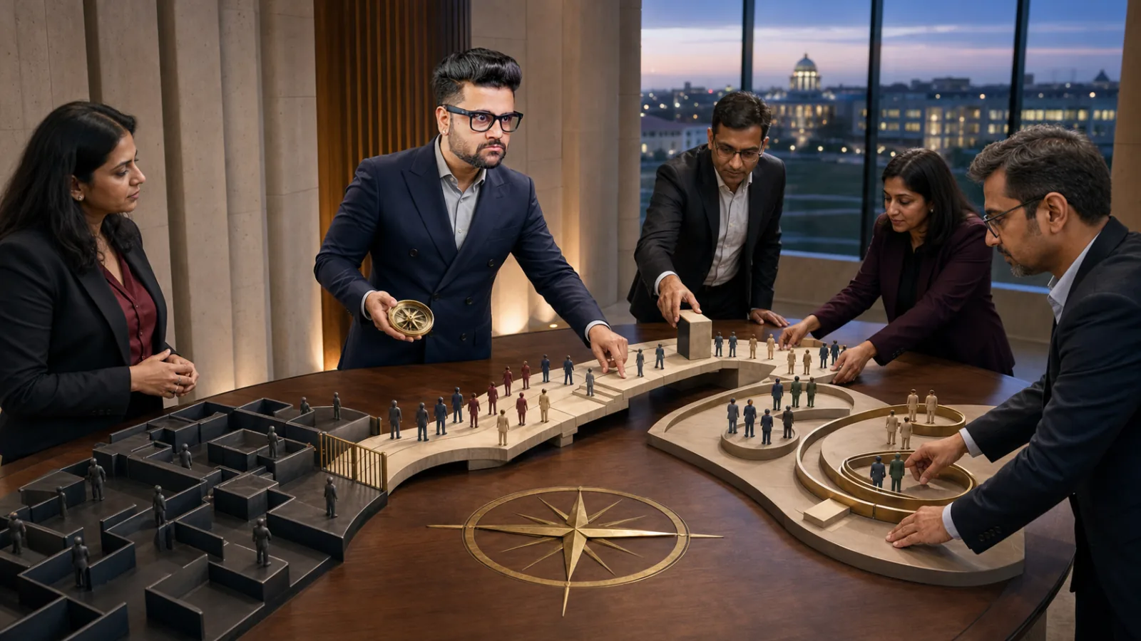 Sahil Khanna mapping choices with brass markers in a market intelligence observatory for Change Management