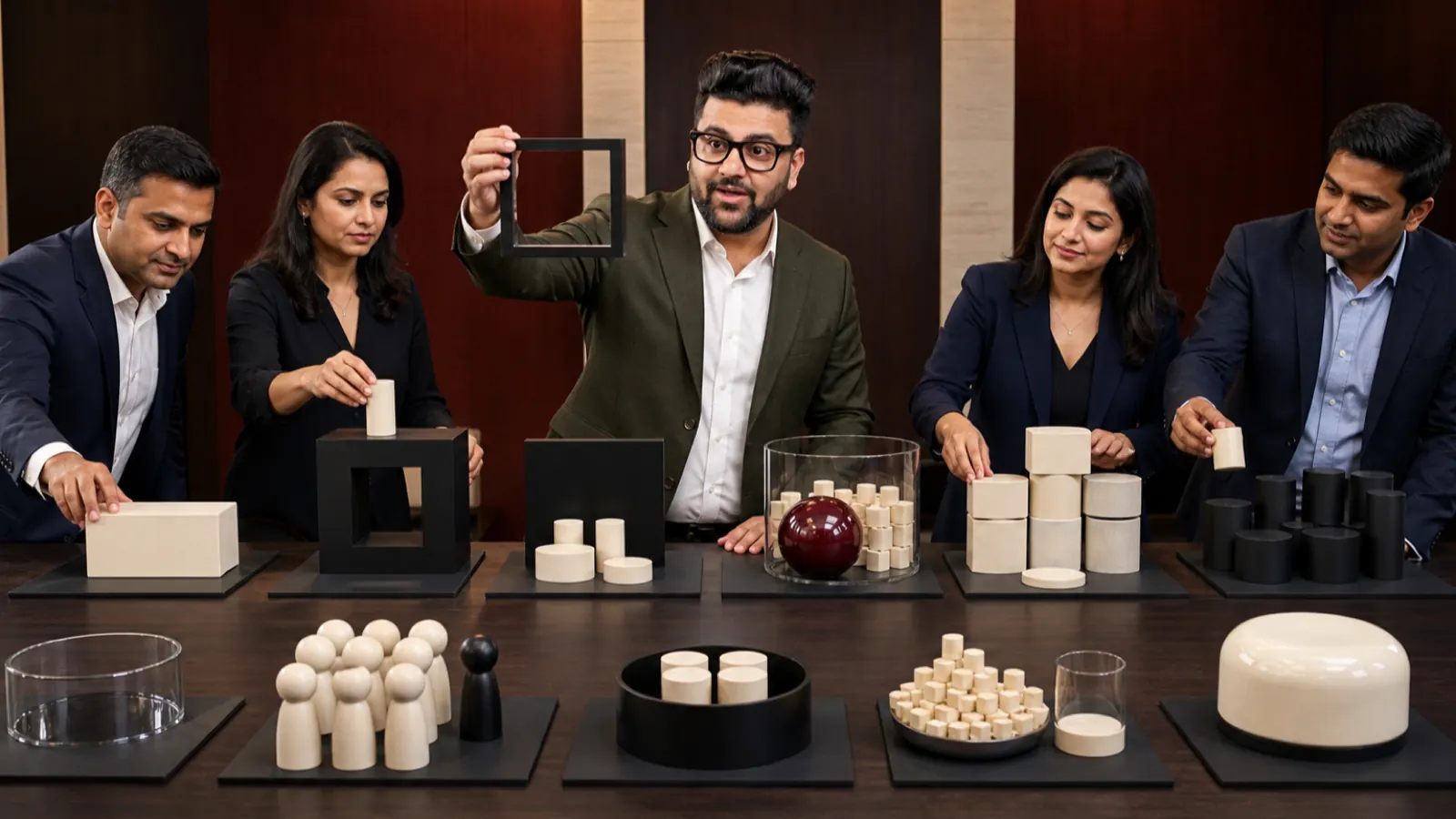 Sahil Khanna mapping choices with brass markers in a operations simulation room for 10 Common Decision-Making Mistakes