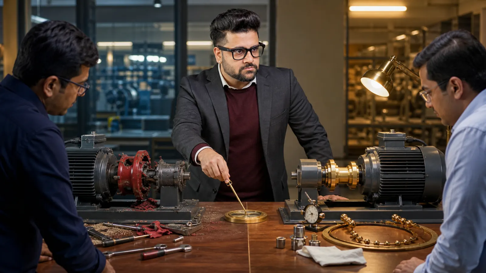 Sahil Khanna mapping choices with brass markers in a operations simulation room for Breakdown maintenance vs preventive maintenance
