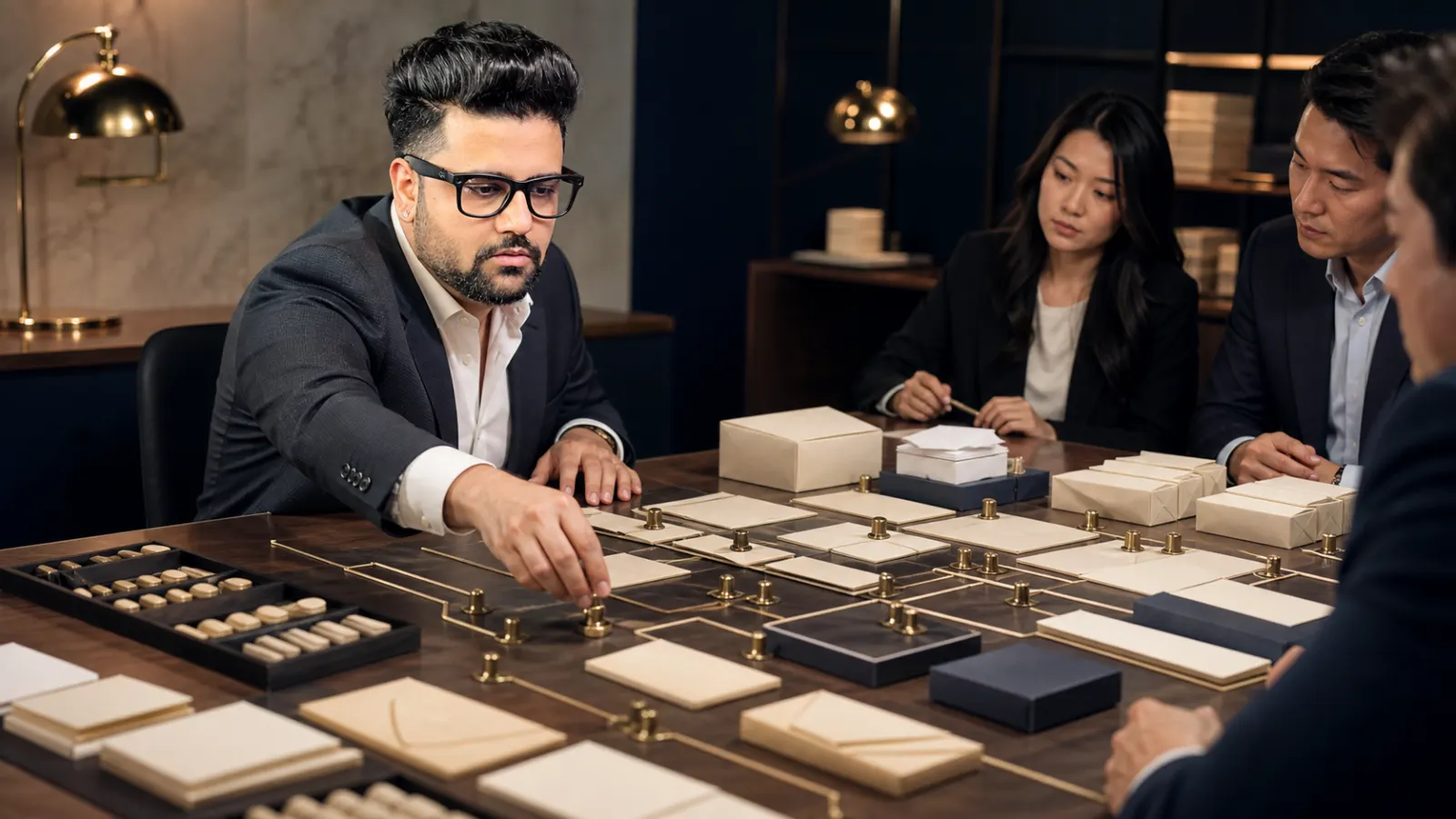 Sahil Khanna mapping choices with brass markers in a operations simulation room for Direct Mail Marketing