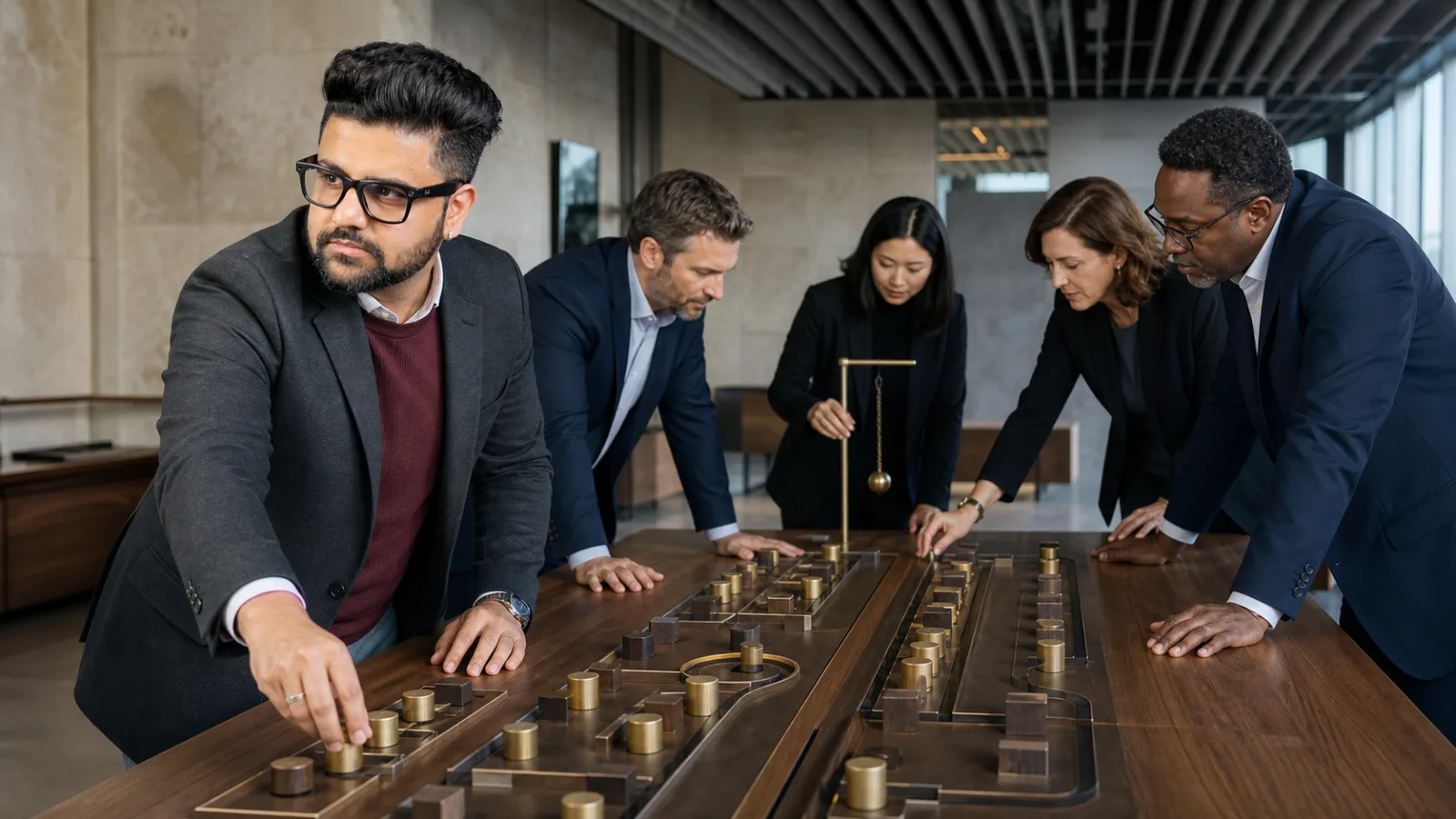 Sahil Khanna mapping choices with brass markers in a operations simulation room for Improving business process