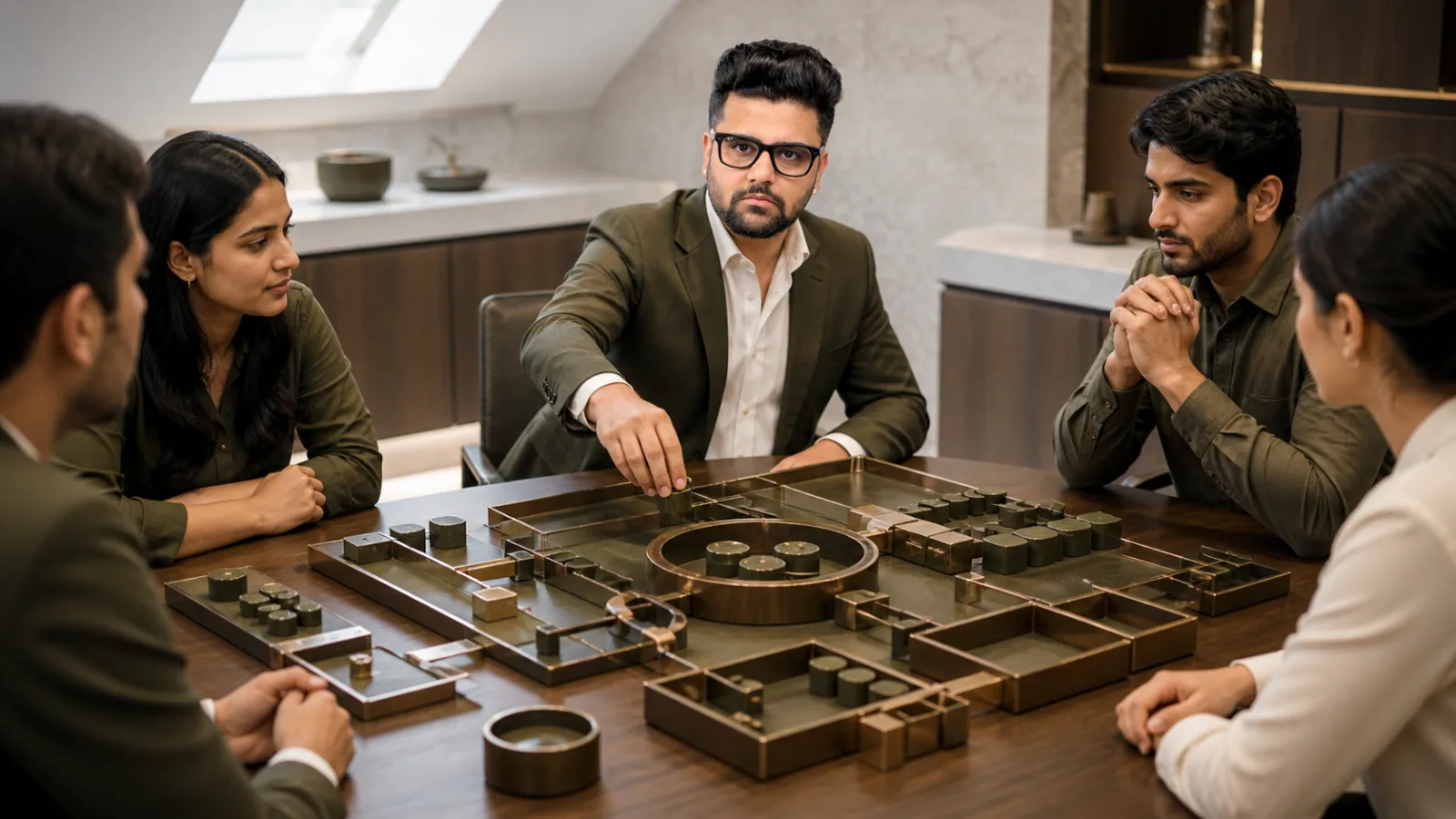 Sahil Khanna mapping choices with brass markers in a operations simulation room for Managerial efficiency
