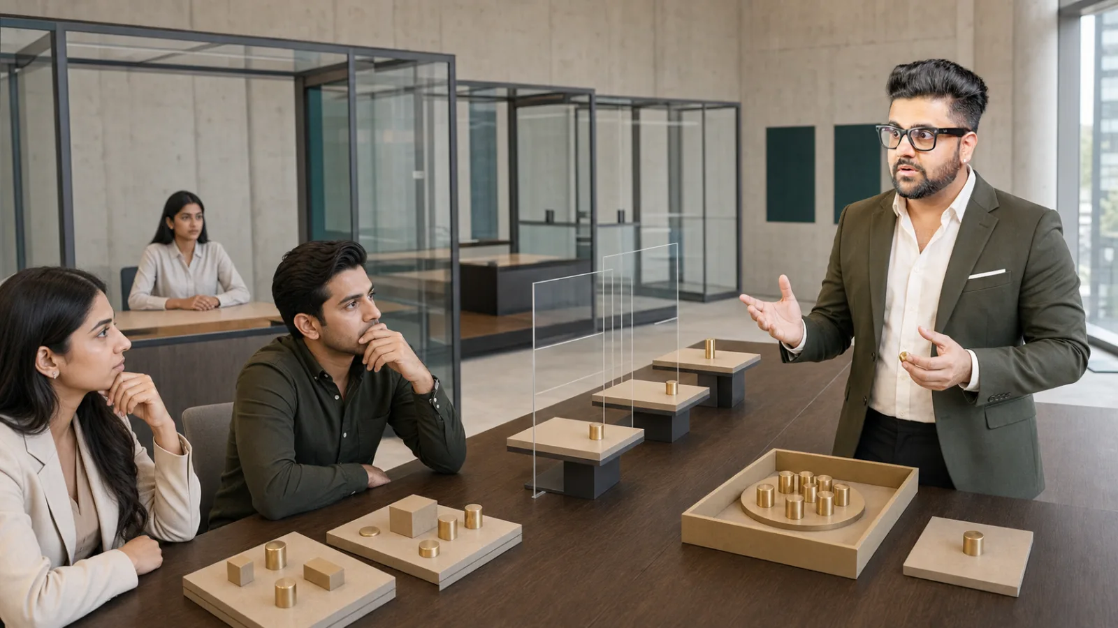 Sahil Khanna mapping choices with brass markers in a operations simulation room for The Stepladder Technique